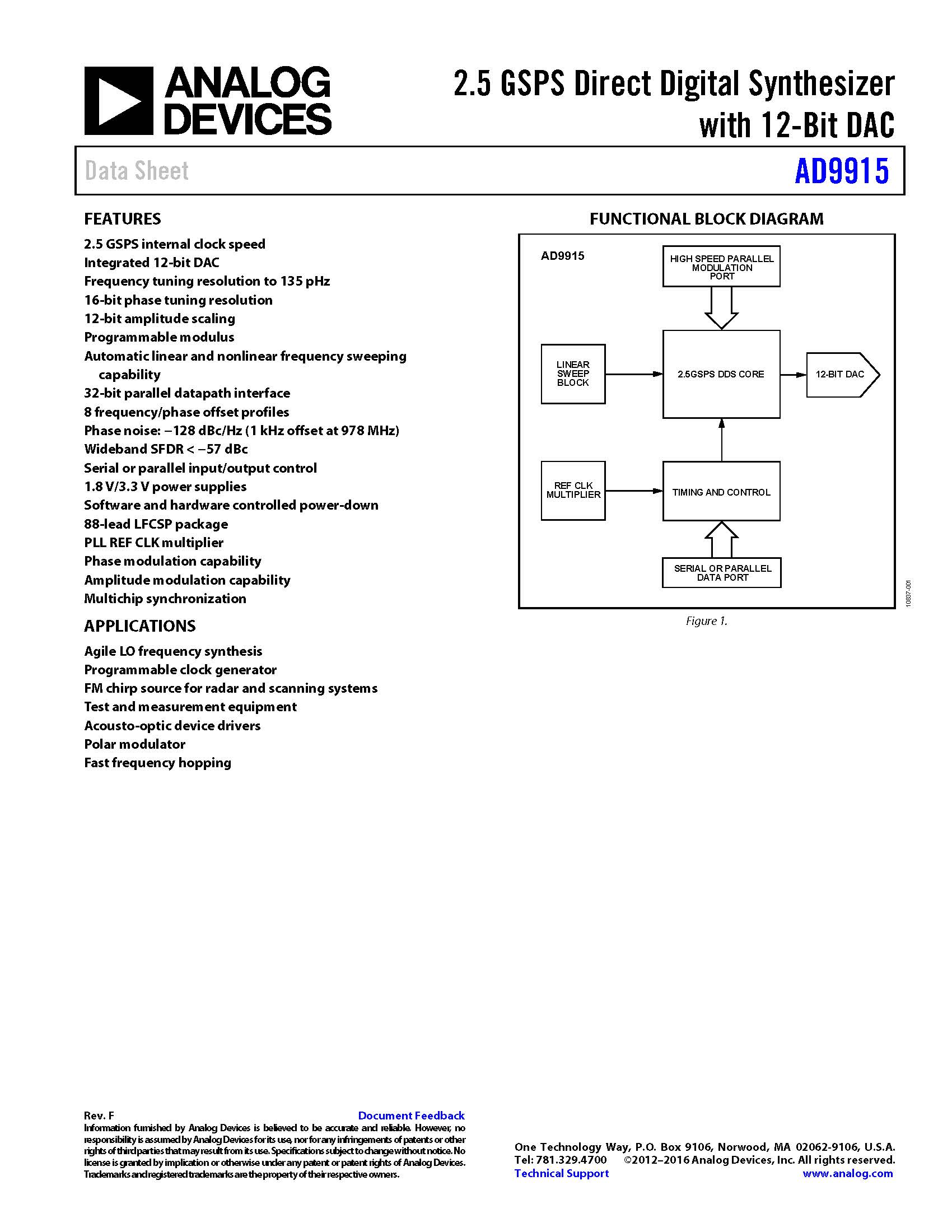 AD9915BCPZ 数据采集ADC/DAC – 专业 2.5 GSPS Direct Digital Synth w/ 12B(图1)